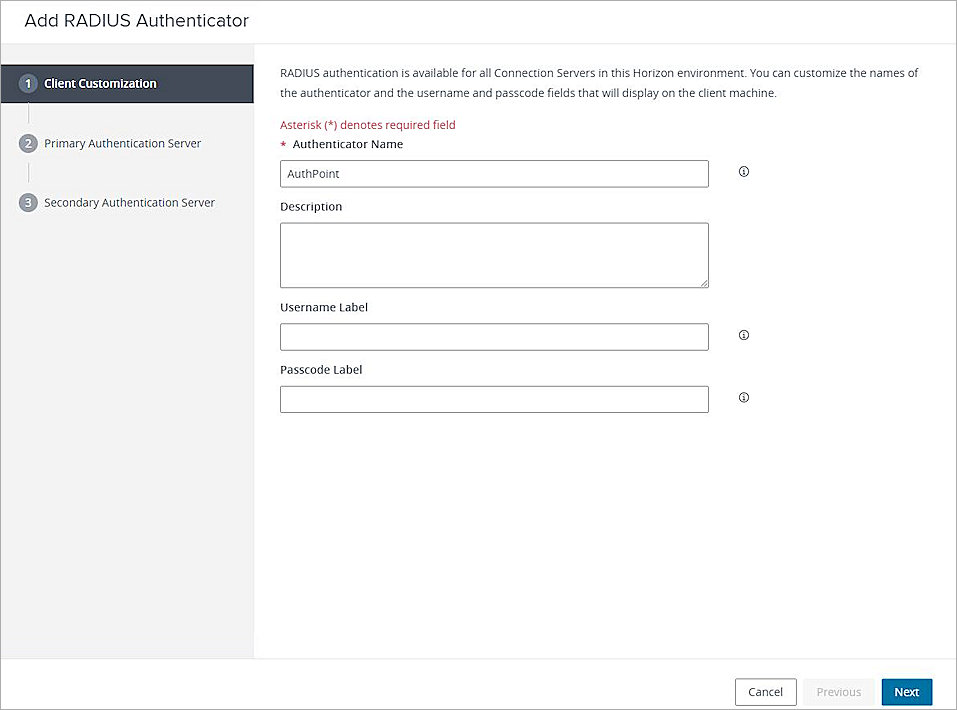 Screenshot of the add radius authenticator for client customization dialog box.